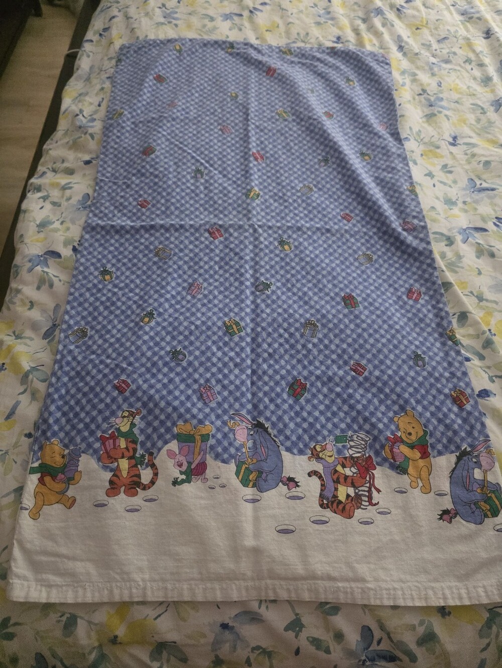 Winnie the Pooh Blue Gingham Holiday Bedding Pillowcase